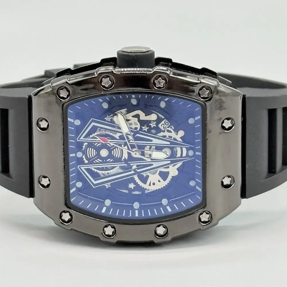 Mens Black Tonneau Watch Quartz Heavy Duty Fashion Skeleton Dial Wine Barrel